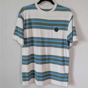Brooklyn Laundry Alien Patch Stripe T-Shirt Medium Skater Oatmeal Green Blue